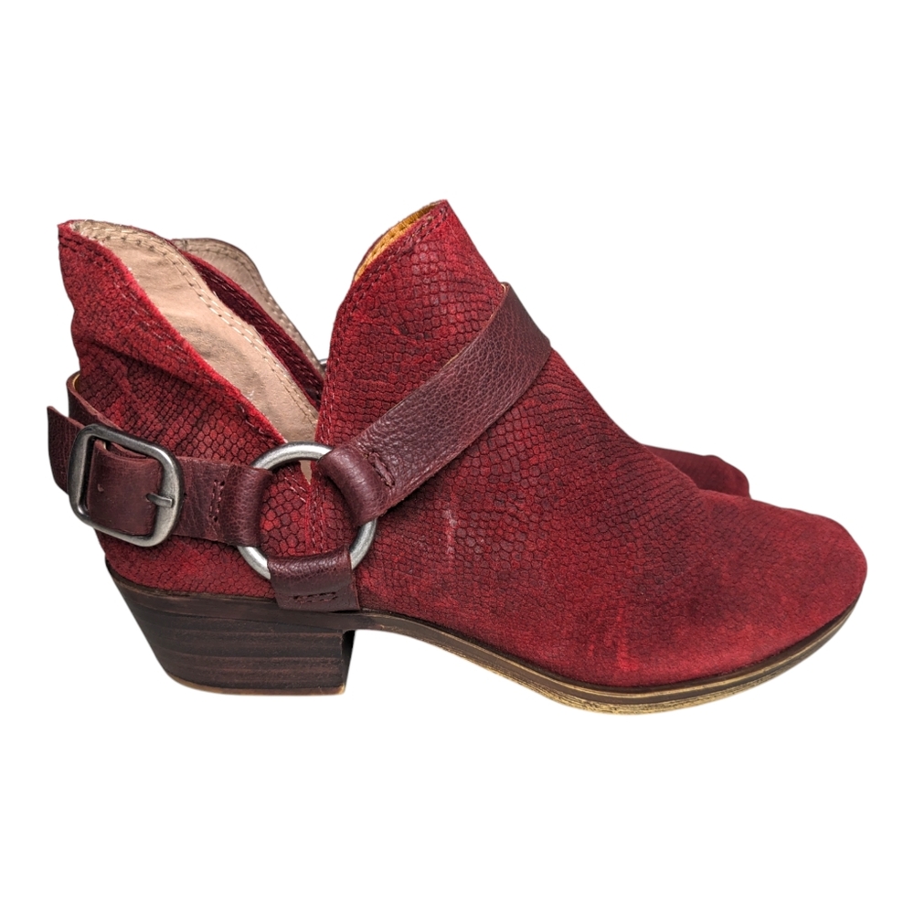 Lucky Bernaeh Red Snake Leather Moto Suede Low Block Heel Bootie 6.5M EU 37